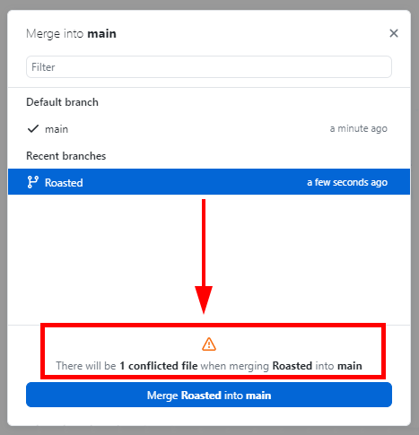 The merge window shows a warning symbol and indicates that there are conflicted files.